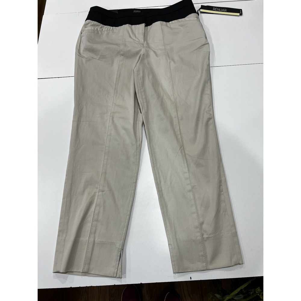 RENUAR Paris Womans Hook and Zip Stretch Ankle Pants 6 Oatmeal Black R8015